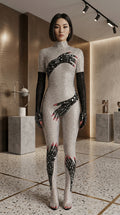 embellished jumpsuit with black handprint design