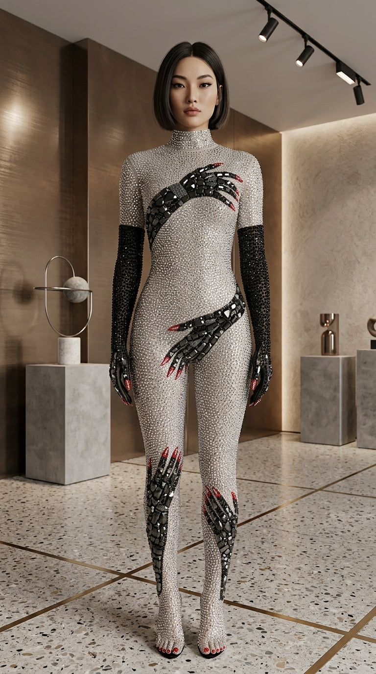 embellished jumpsuit with black handprint design