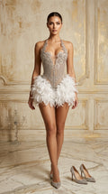 glamorous crystal embellished feather dress