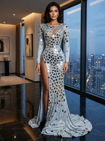 silver mosaic embellished formal dress